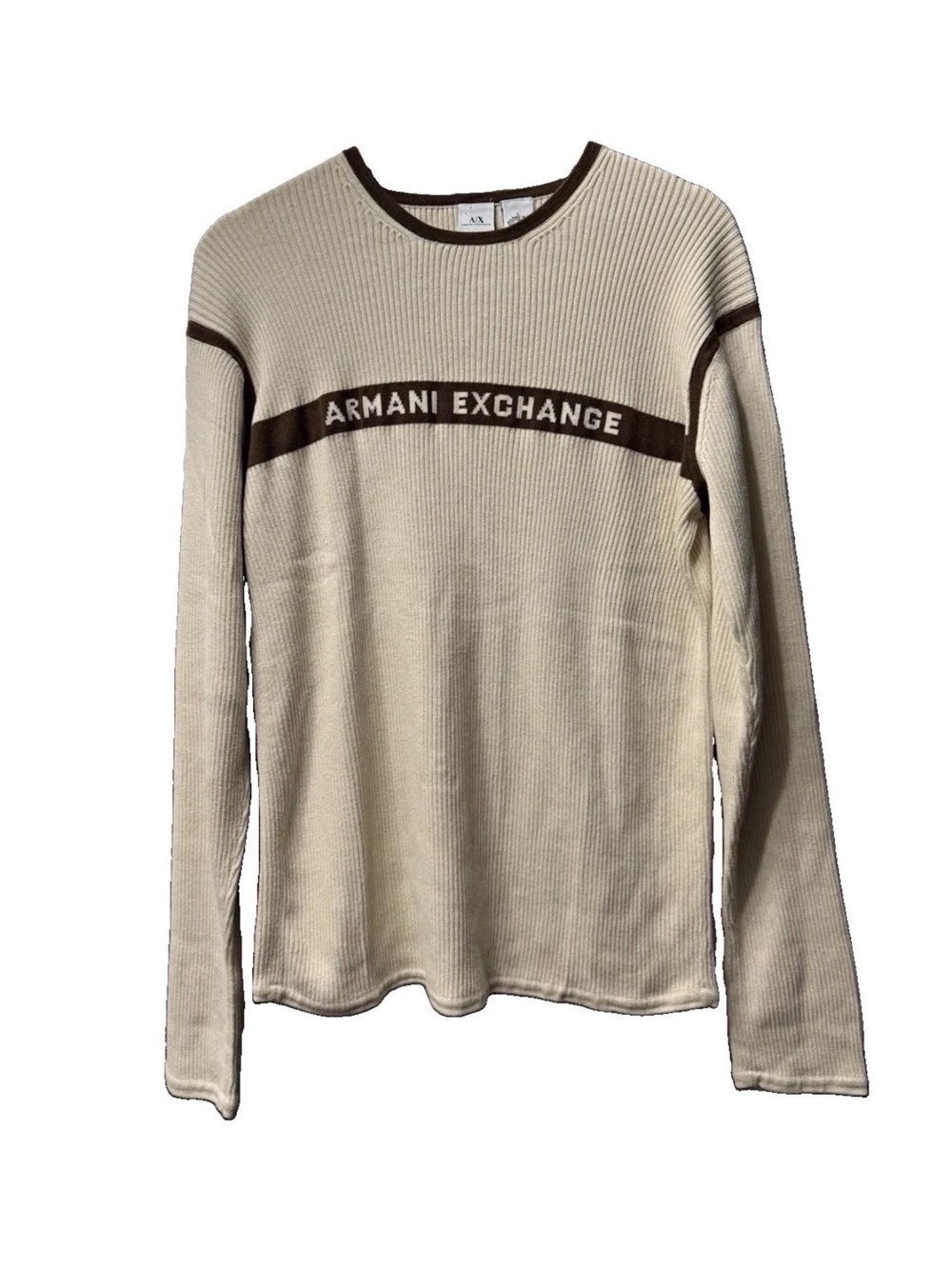 Vintage Armani Exchange Cream Ribbed Long-Sleeve Sweater with Brown Logo Band L
